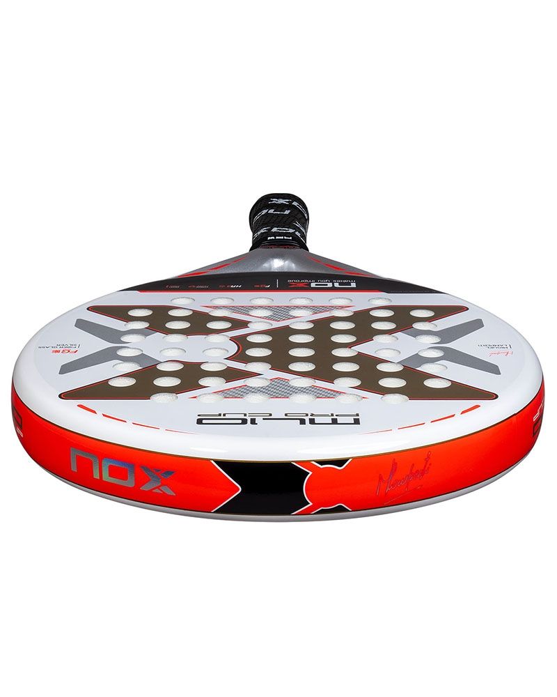 The top of a white and gold Nox padel racket with orange branding, on a white background.