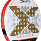 The face of a white and gold Nox padel racket with orange branding, on a white background.