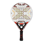 A white luxury Nox padel racket with orange and black branding on a white background.