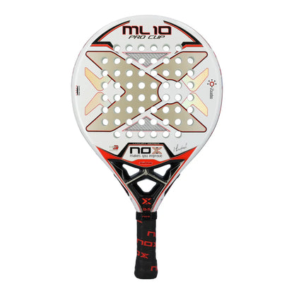 A white luxury Nox padel racket with orange and black branding on a white background.