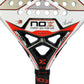 Close up of a white luxury Nox padel racket with orange and black branding on a white background.