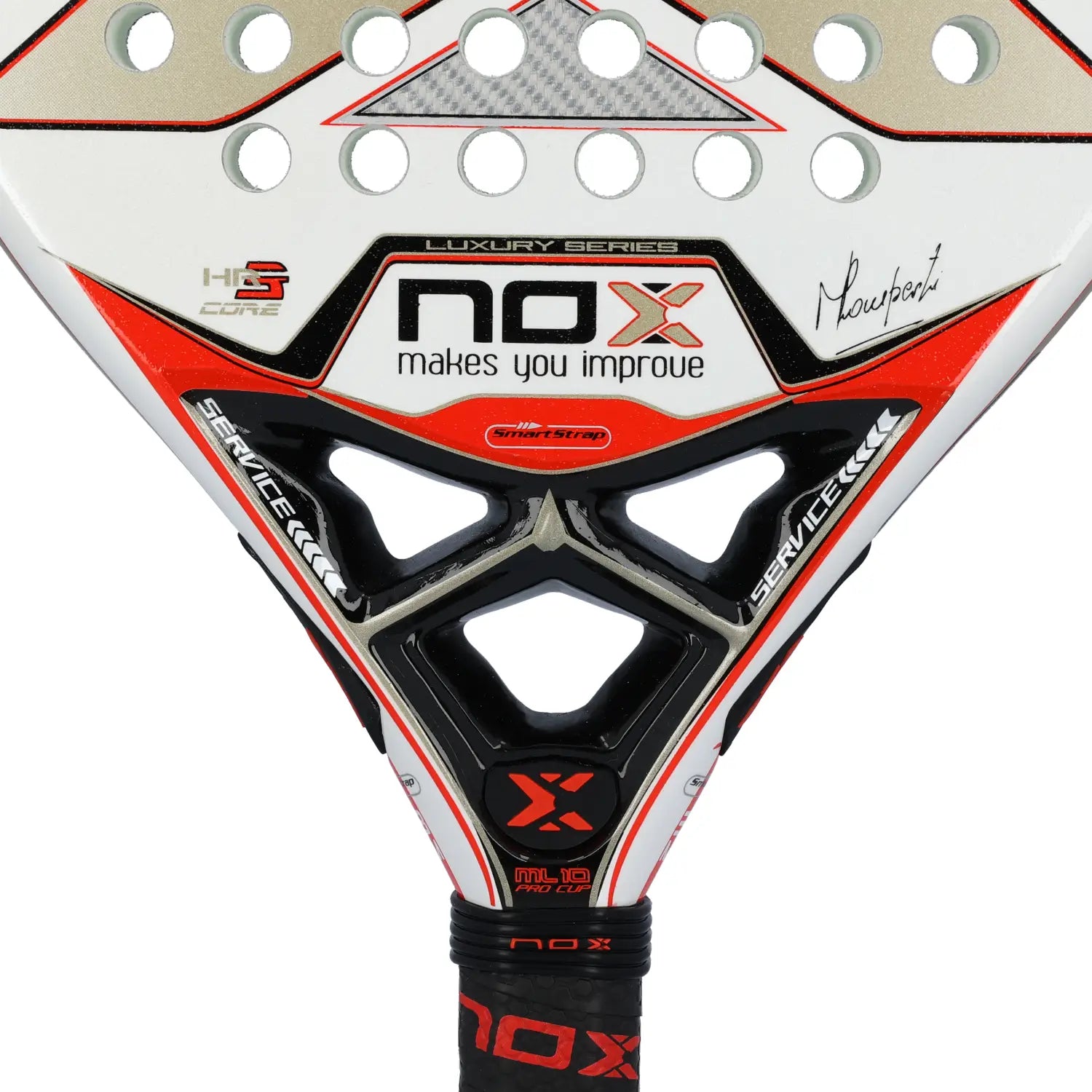 Close up of a white luxury Nox padel racket with orange and black branding on a white background.