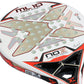 The face of a white luxury Nox padel racket with orange and black branding on a white background.