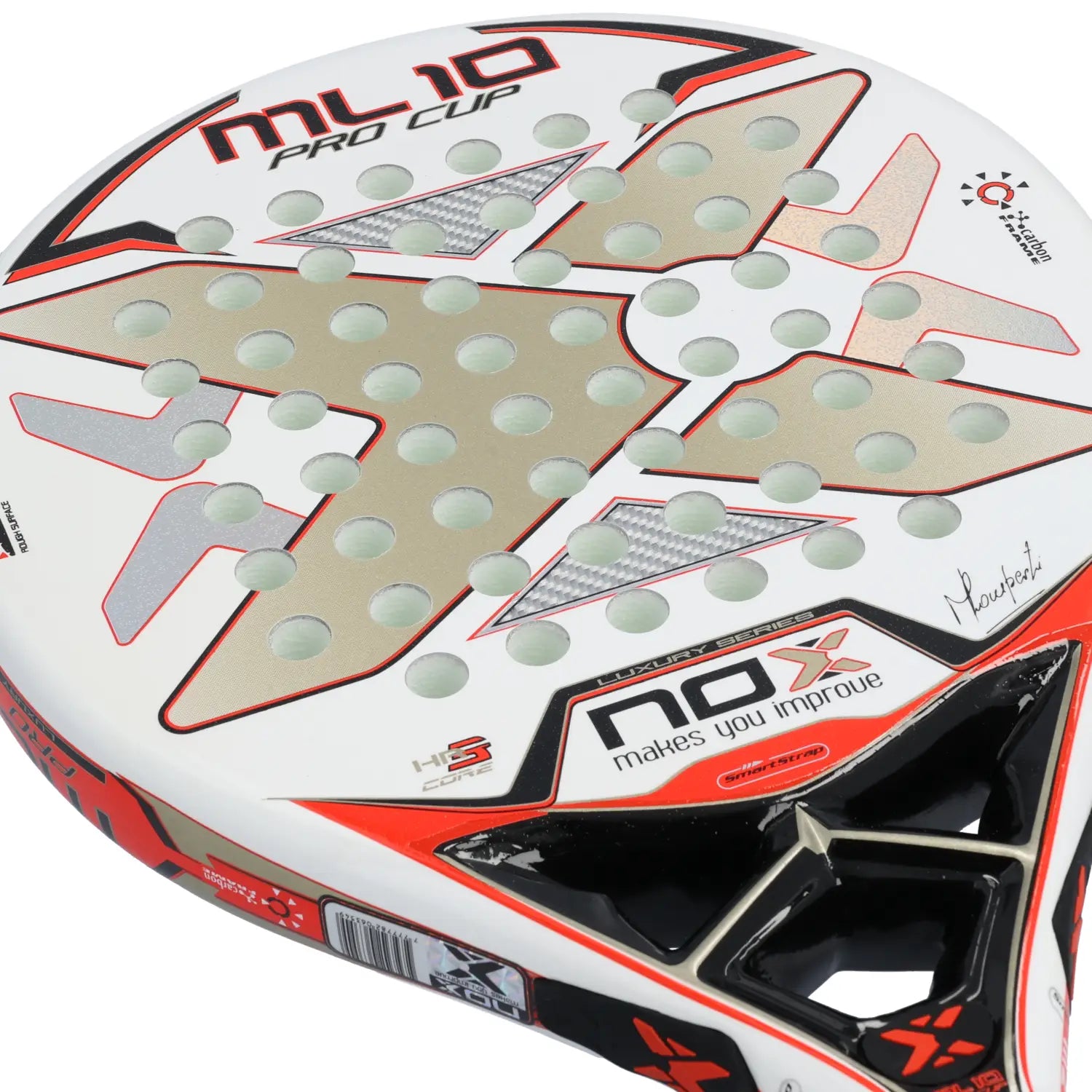 The face of a white luxury Nox padel racket with orange and black branding on a white background.