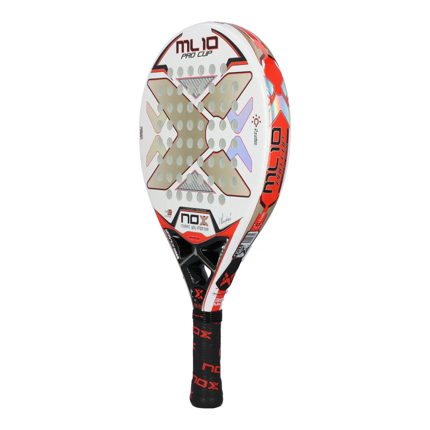 A white luxury Nox padel racket with orange and black branding on a white background.