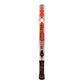 The side of a white luxury Nox padel racket with orange and black branding on a white background.