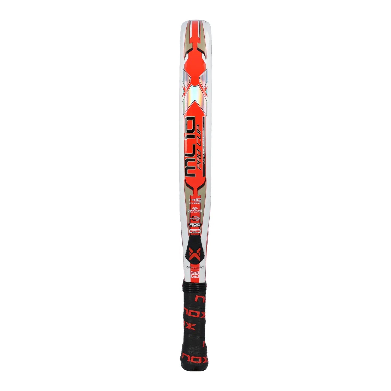 The side of a white luxury Nox padel racket with orange and black branding on a white background.