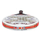 The top of a white luxury Nox padel racket with orange and black branding on a white background.