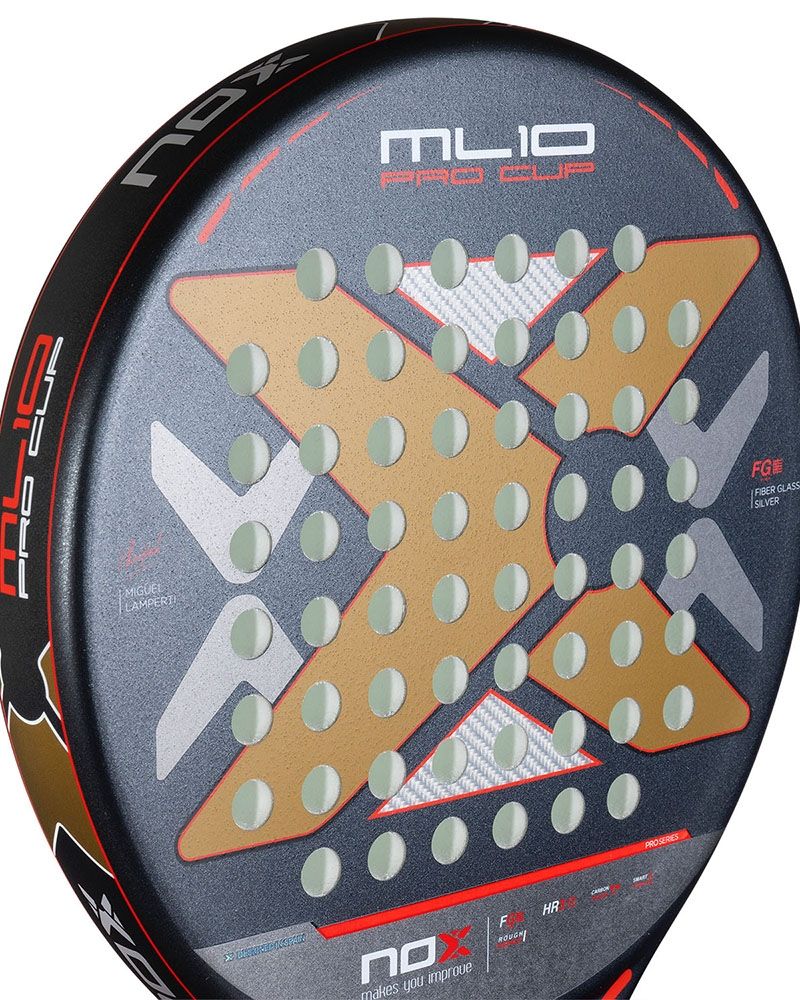 Close up of a Nox ML10 padel racket with a rough surface on a white background.
