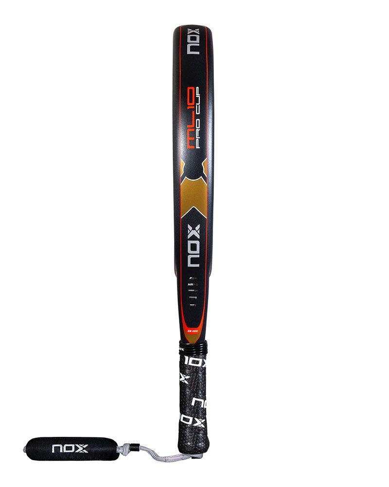 The side of a Nox ML10 padel racket with a rough surface on a white background.