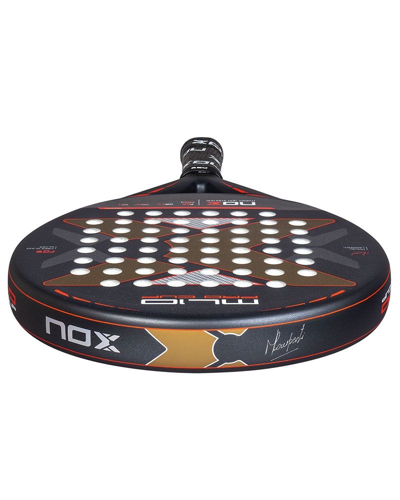 The top of a Nox ML10 padel racket with a rough surface on a white background.