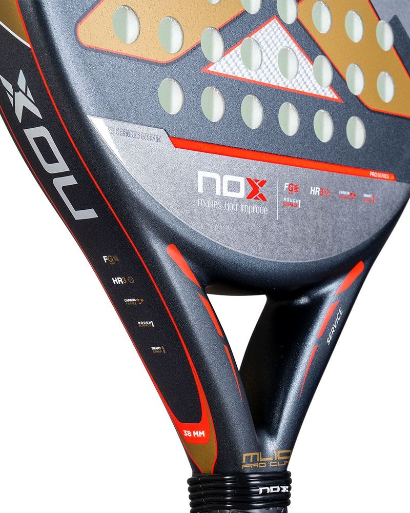 Close up of a Nox ML10 padel racket with a rough surface on a white background.