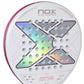 A white Nox 2027 padel racket with pink detailing on a white background.