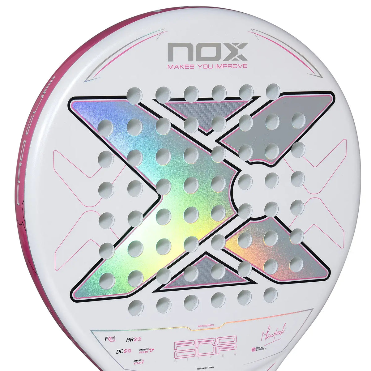A white Nox 2027 padel racket with pink detailing on a white background.