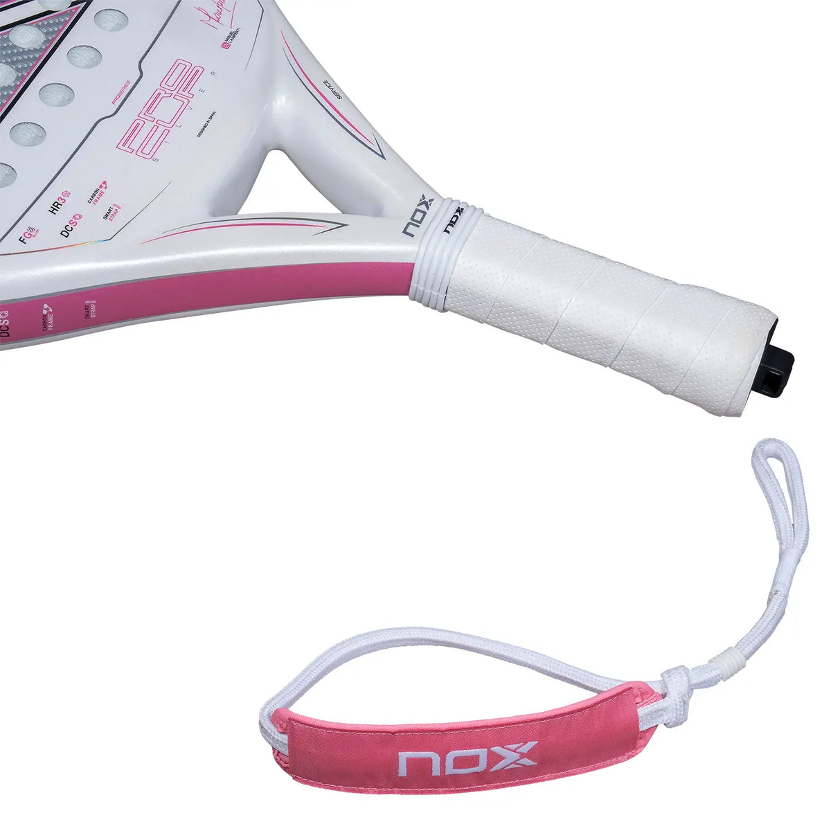 The handle of a white Nox 2027 padel racket with pink detailing on a white background.