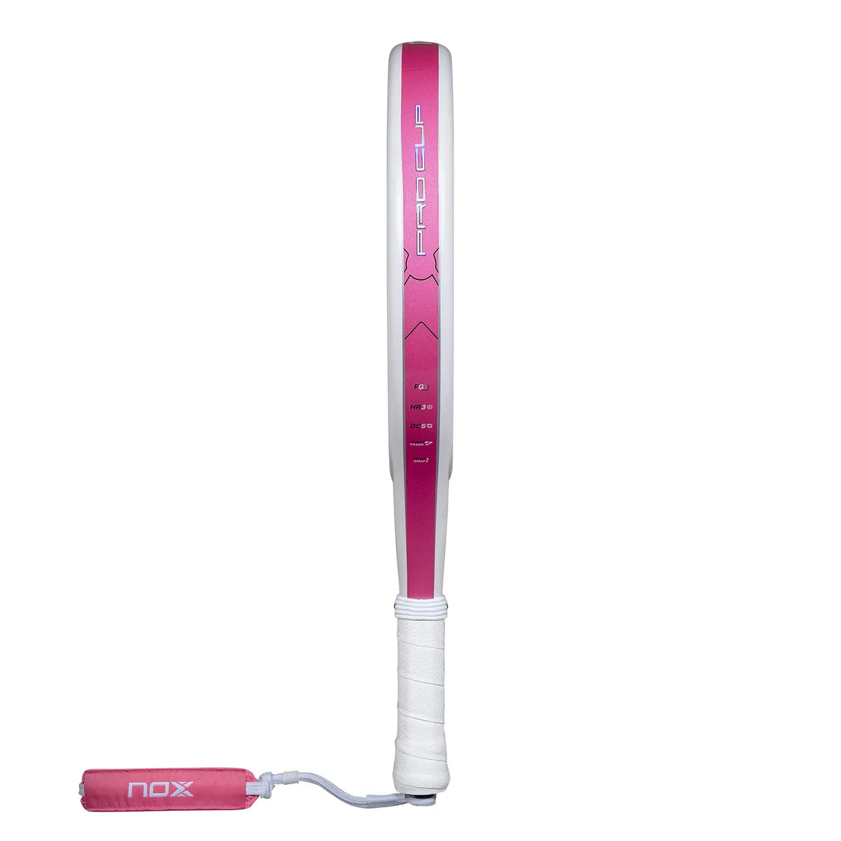The side of a white Nox 2027 padel racket with pink detailing on a white background.