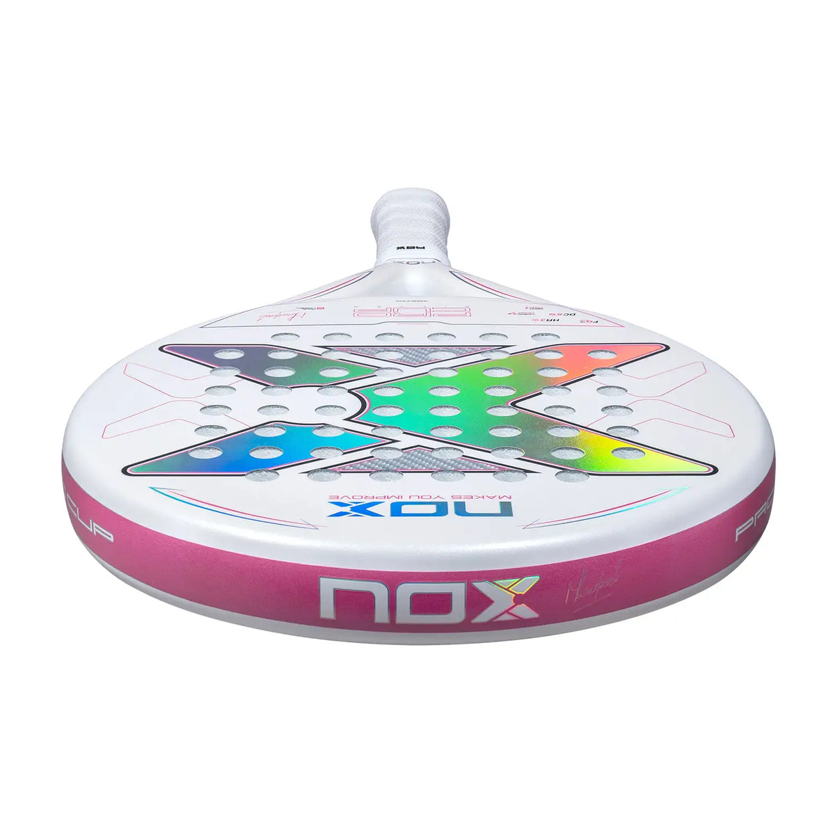 A white Nox 2027 padel racket with pink detailing on a white background.