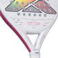 A close-up of a white Nox 2027 padel racket with pink detailing on a white background.