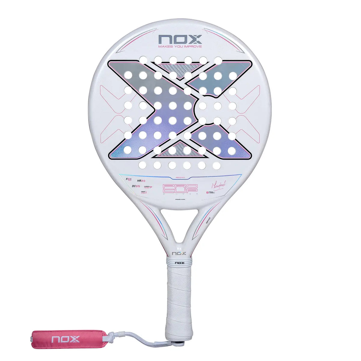 A white Nox 2027 padel racket with pink detailing on a white background.