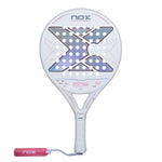 A white Nox 2027 padel racket with pink detailing on a white background.