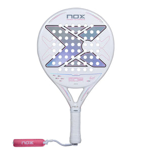 A white Nox 2027 padel racket with pink detailing on a white background.