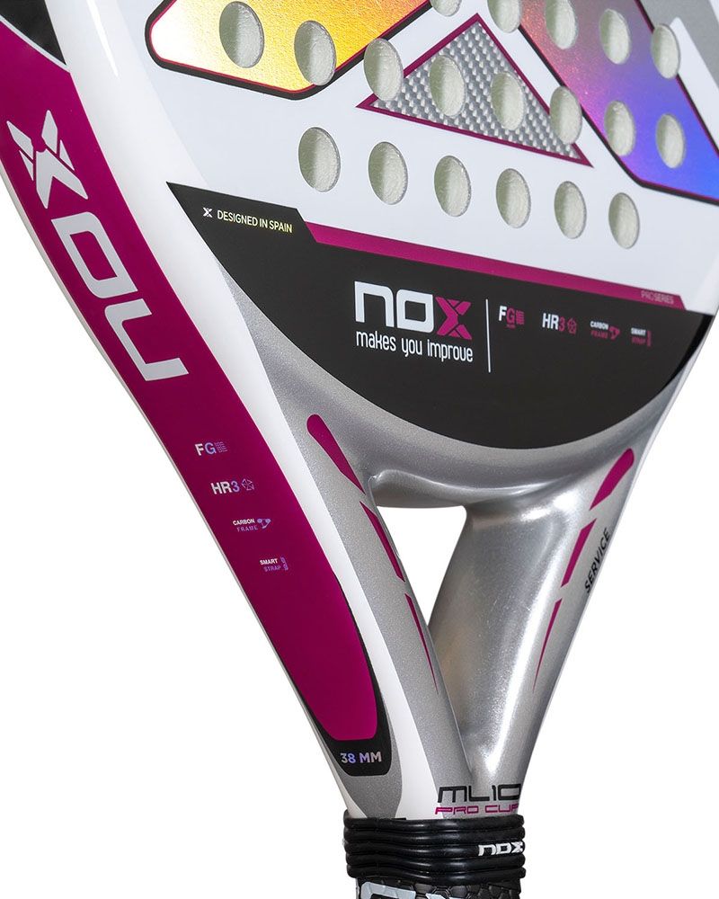 A close up of a white and silver Nox padel racket with purple branding on a white background.