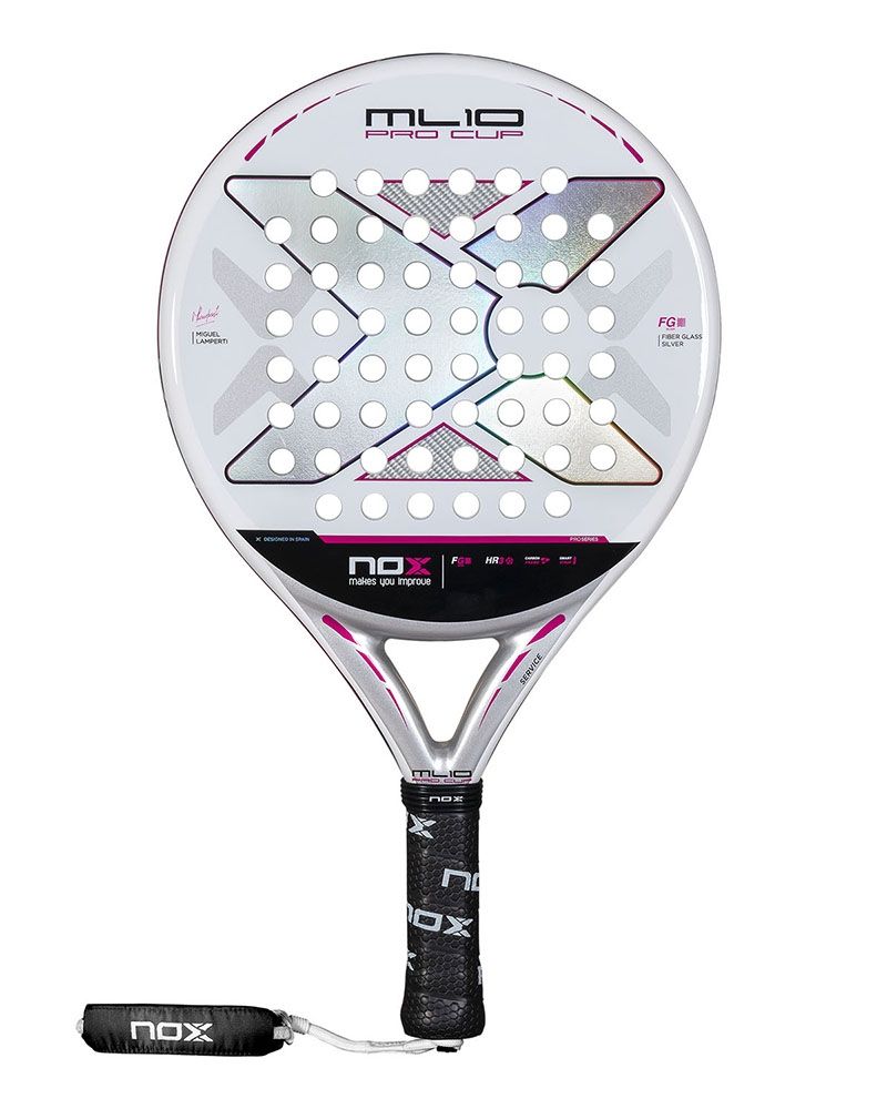 White and silver Nox padel racket with purple branding on a white background.