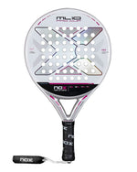 White and silver Nox padel racket with purple branding on a white background.