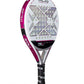 White and silver Nox padel racket with purple branding on a white background.