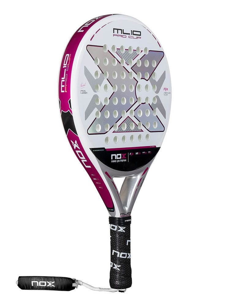 White and silver Nox padel racket with purple branding on a white background.