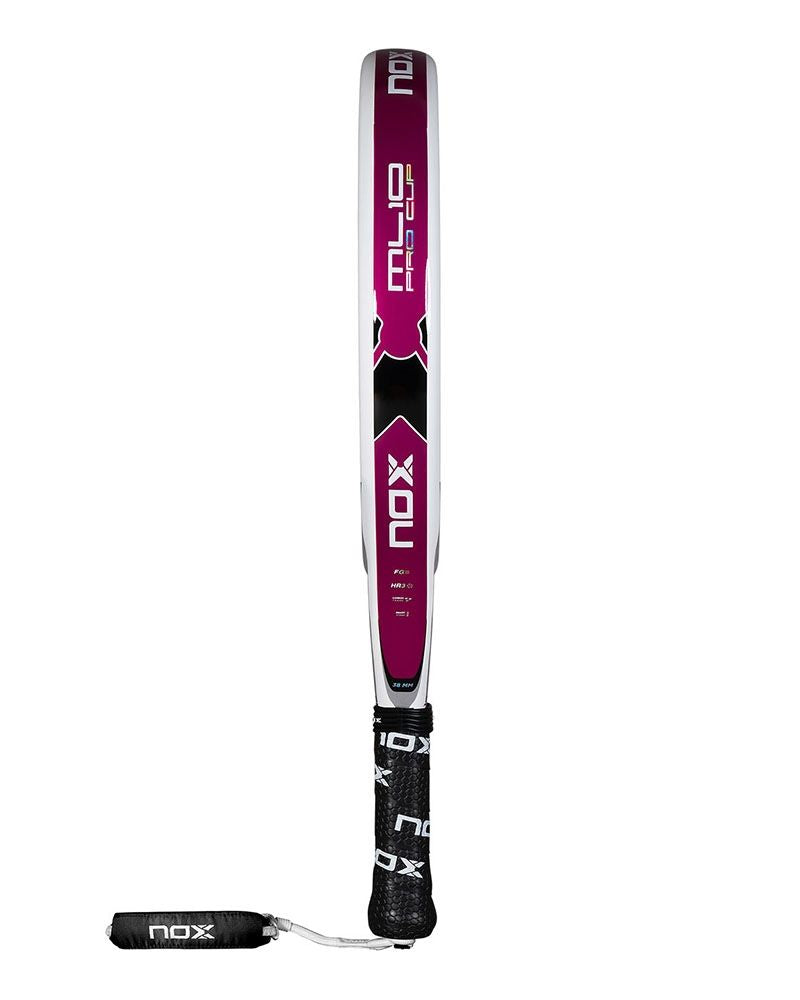 The side of a white and silver Nox padel racket with purple branding on a white background.