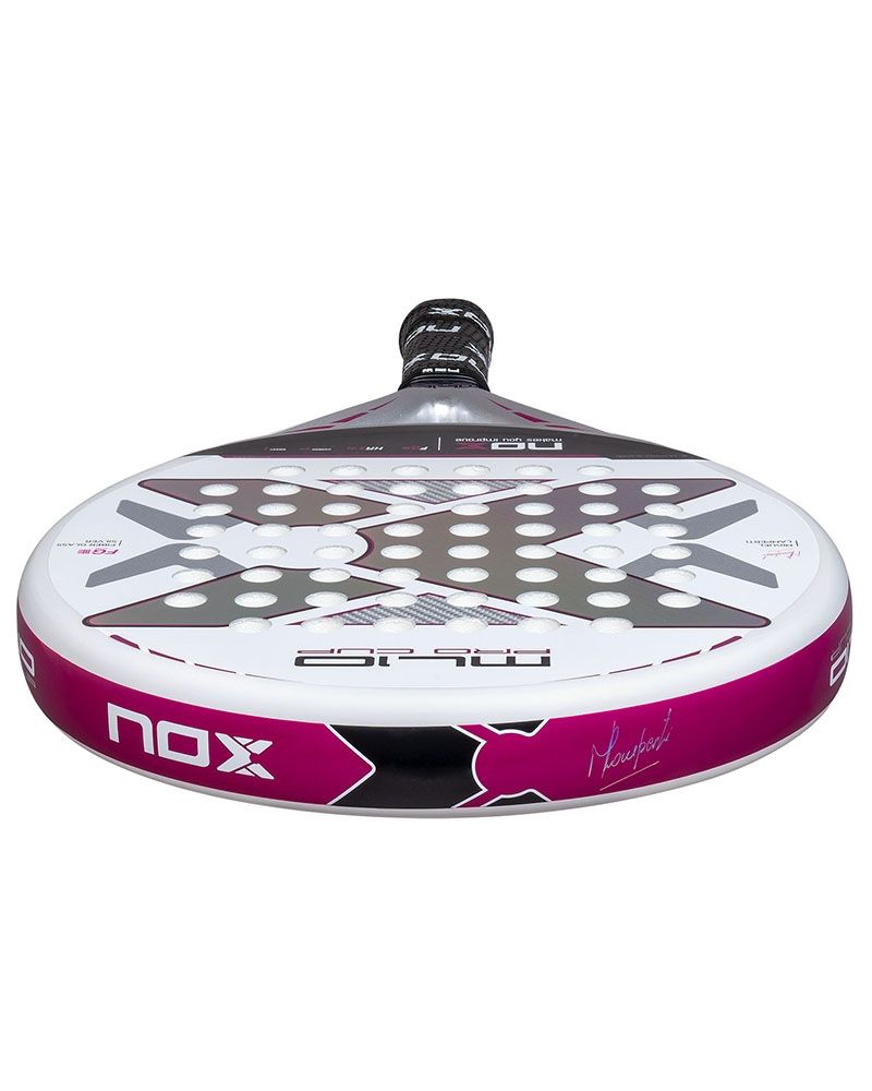 The top of a white and silver Nox padel racket with purple branding on a white background.