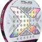 The face of a white and silver Nox padel racket with purple branding on a white background.