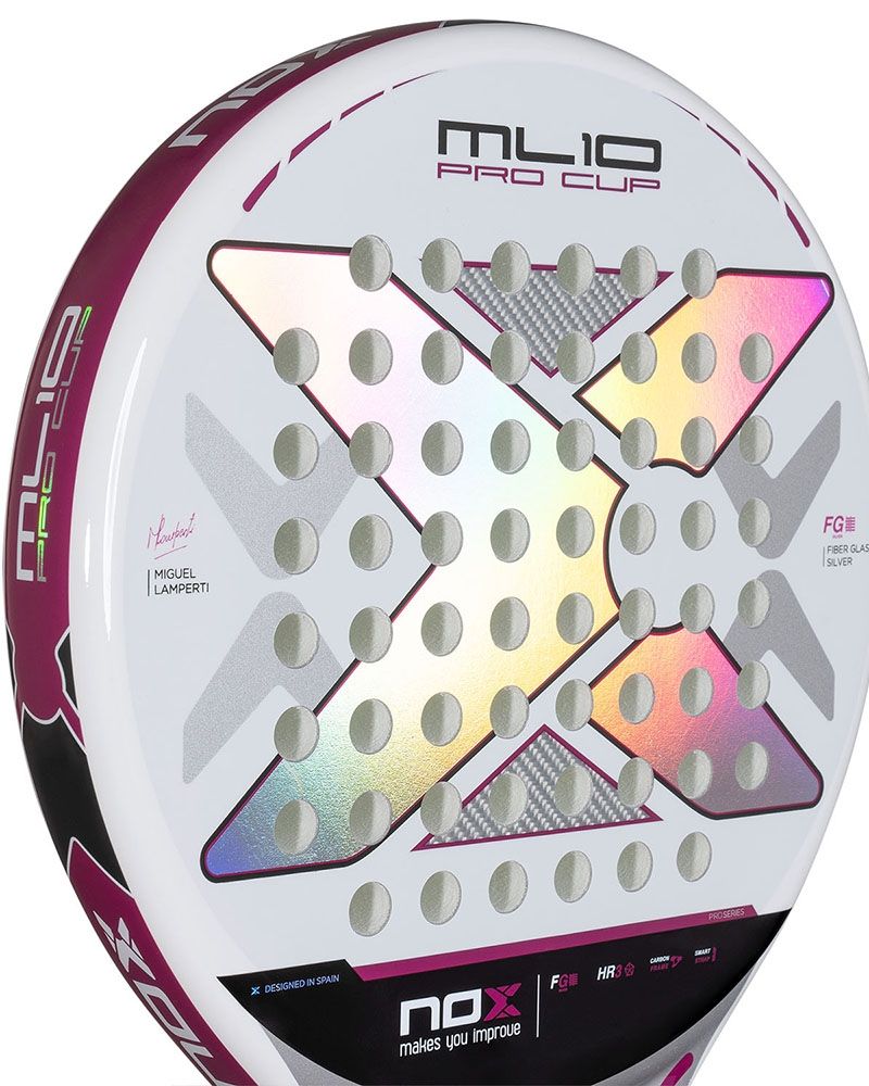 The face of a white and silver Nox padel racket with purple branding on a white background.