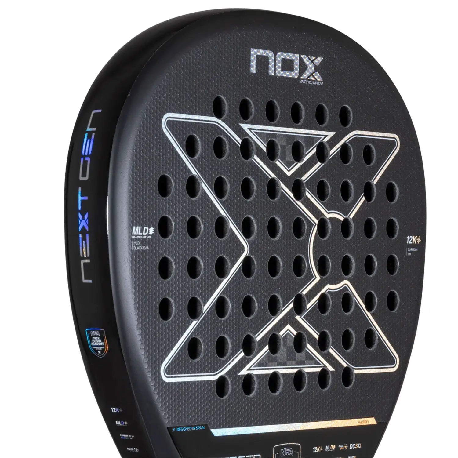 The face of a black Nox 2026 NextGen padel racket on a white background.