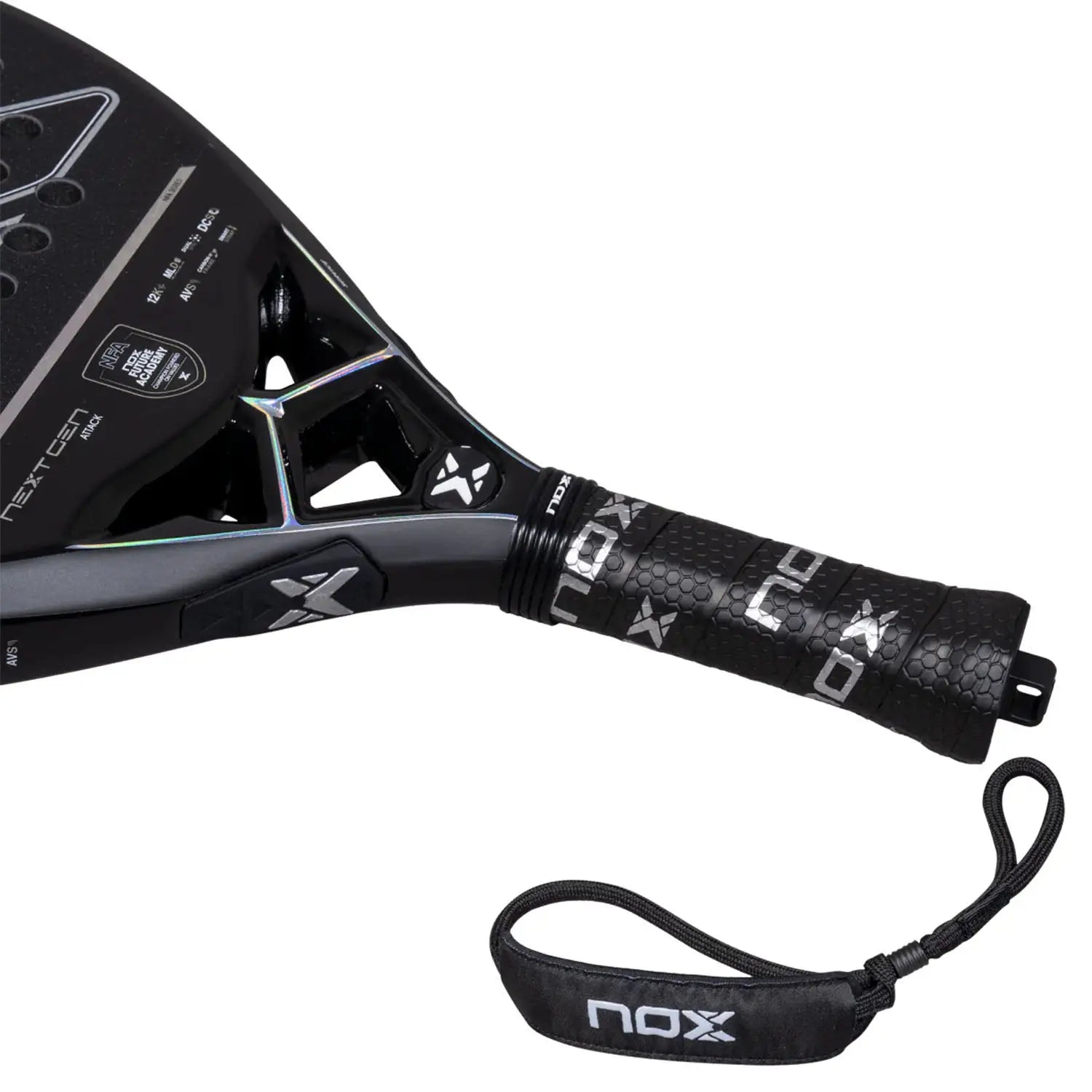 The handle of a black Nox 2026 NextGen padel racket on a white background.