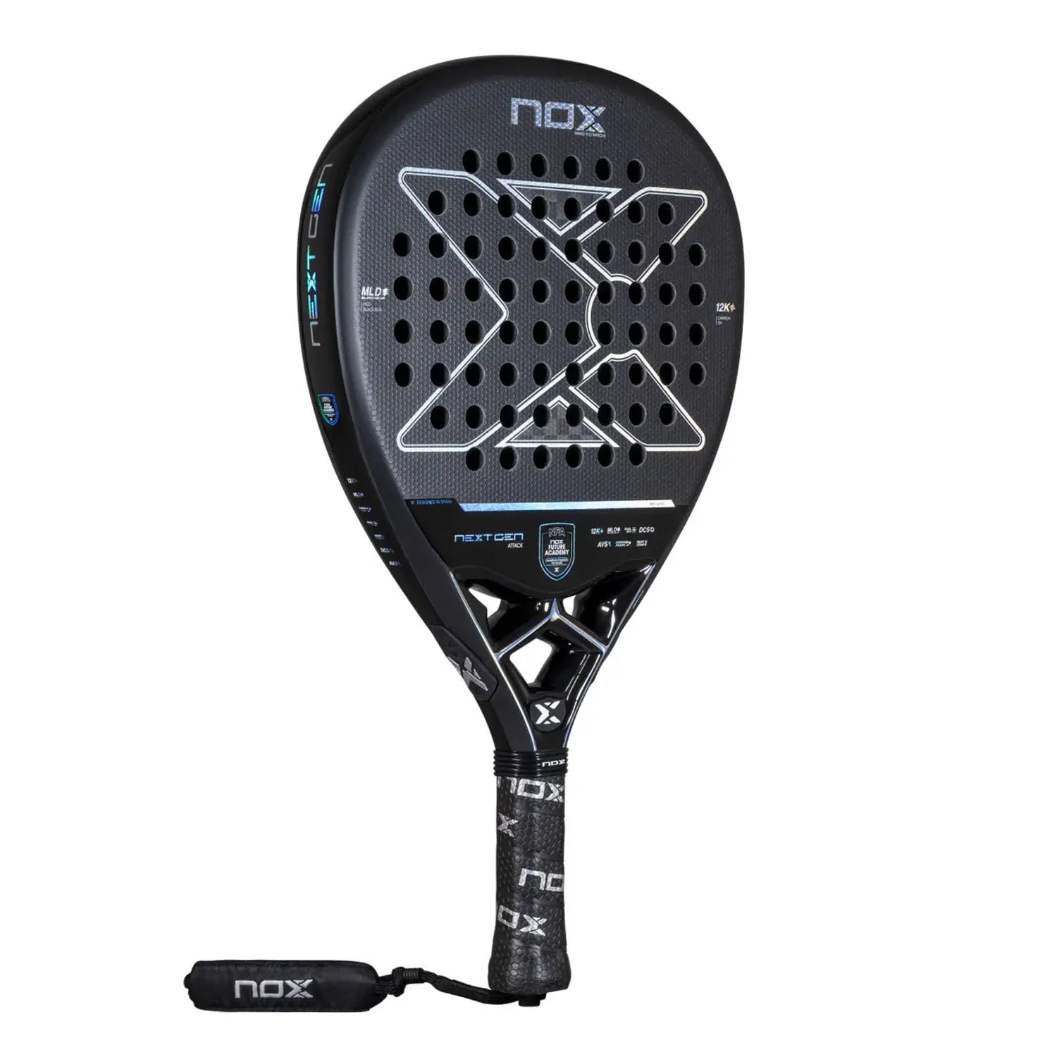 A black Nox 2026 NextGen padel racket on a white background.