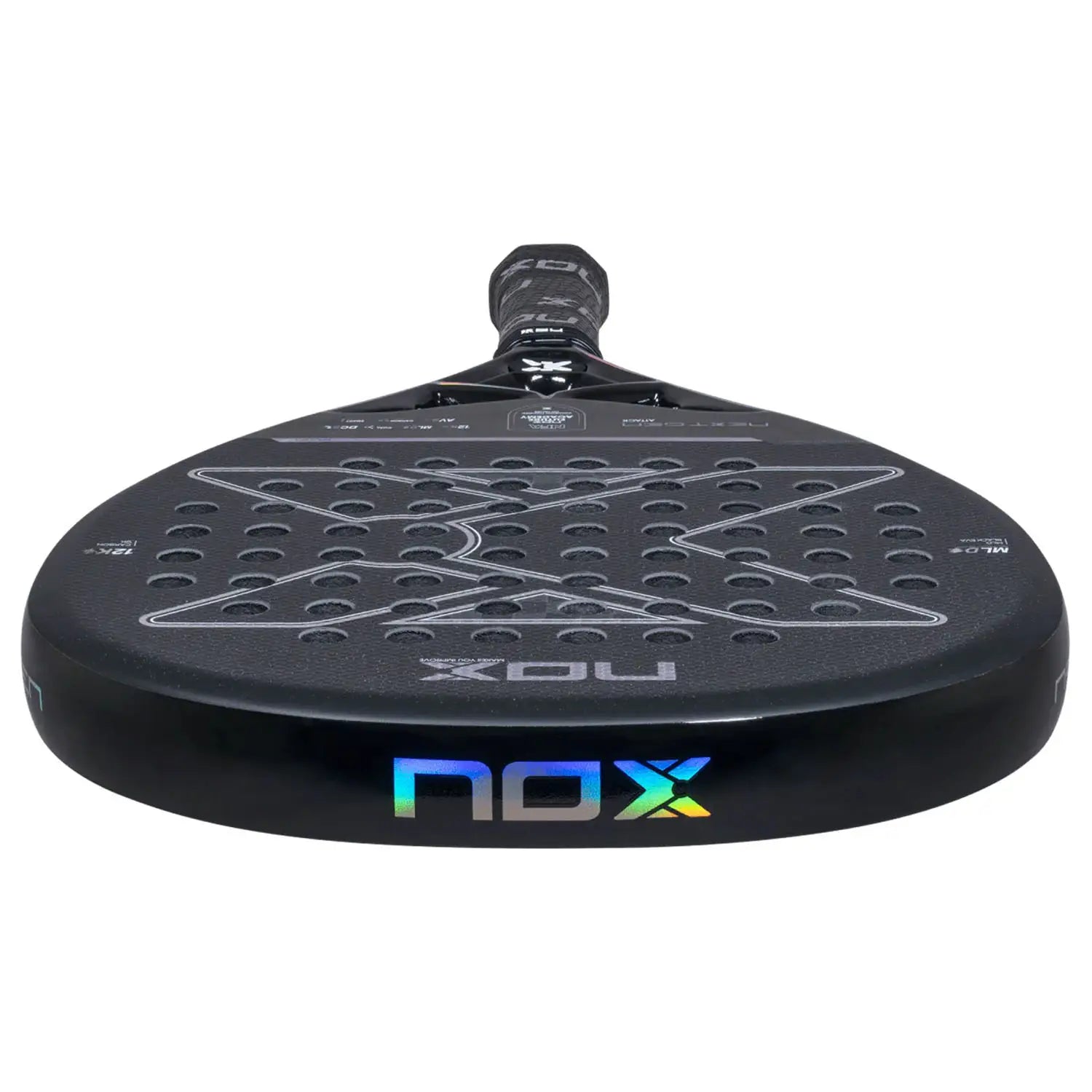 The top of a black Nox 2026 NextGen padel racket on a white background.