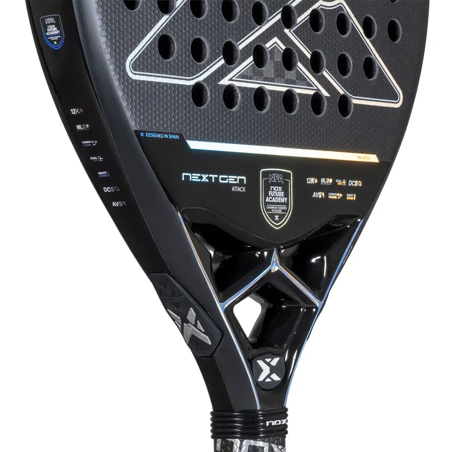 Close-up of a black Nox 2026 NextGen padel racket on a white background.