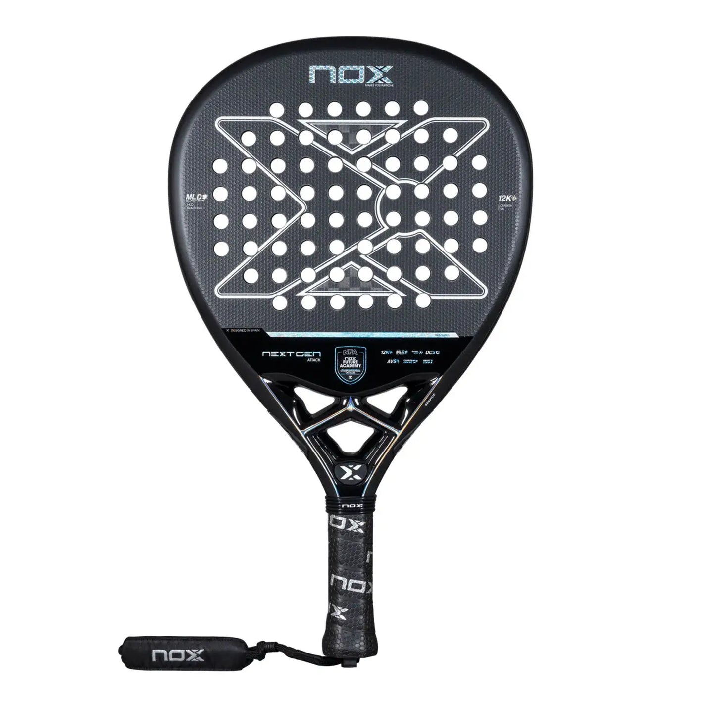 A black Nox 2026 NextGen padel racket on a white background.