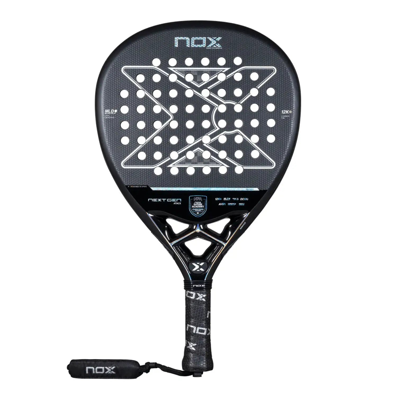 A black Nox 2026 NextGen padel racket on a white background.