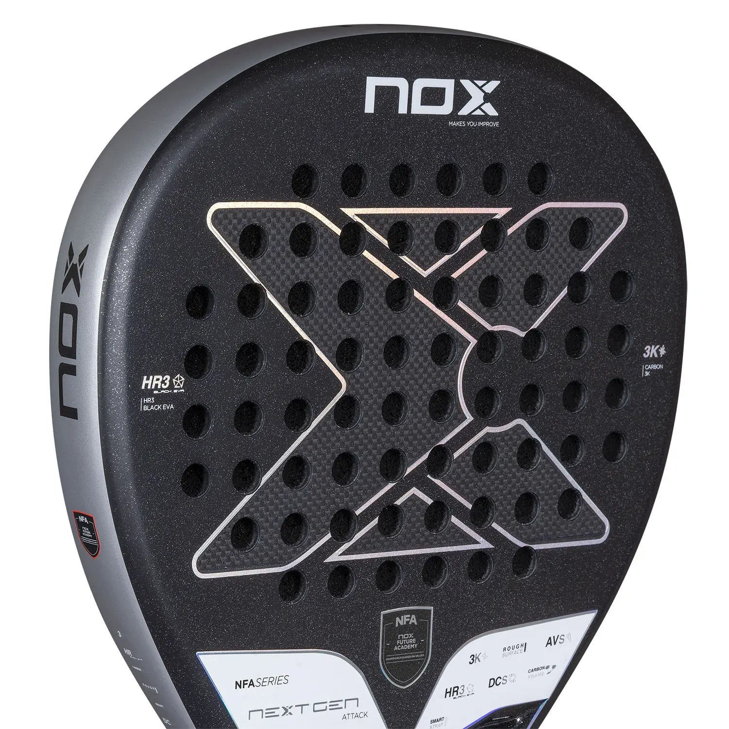 A black and white NOX padel racket on a white background, zoomed in.