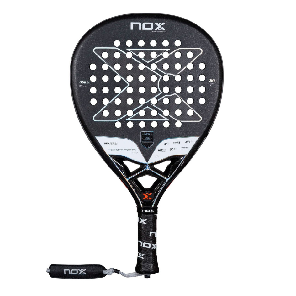 Black and white NOX padel racket on a white background.