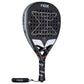 A black and white NOX padel racket on a white background.