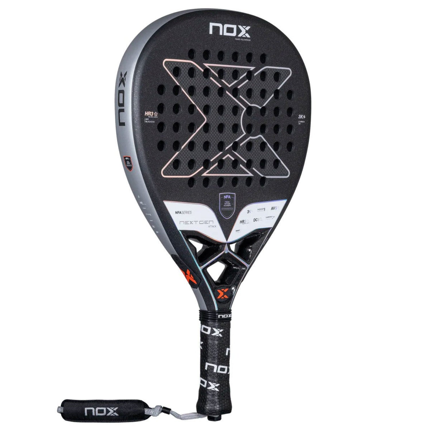 A black and white NOX padel racket on a white background.