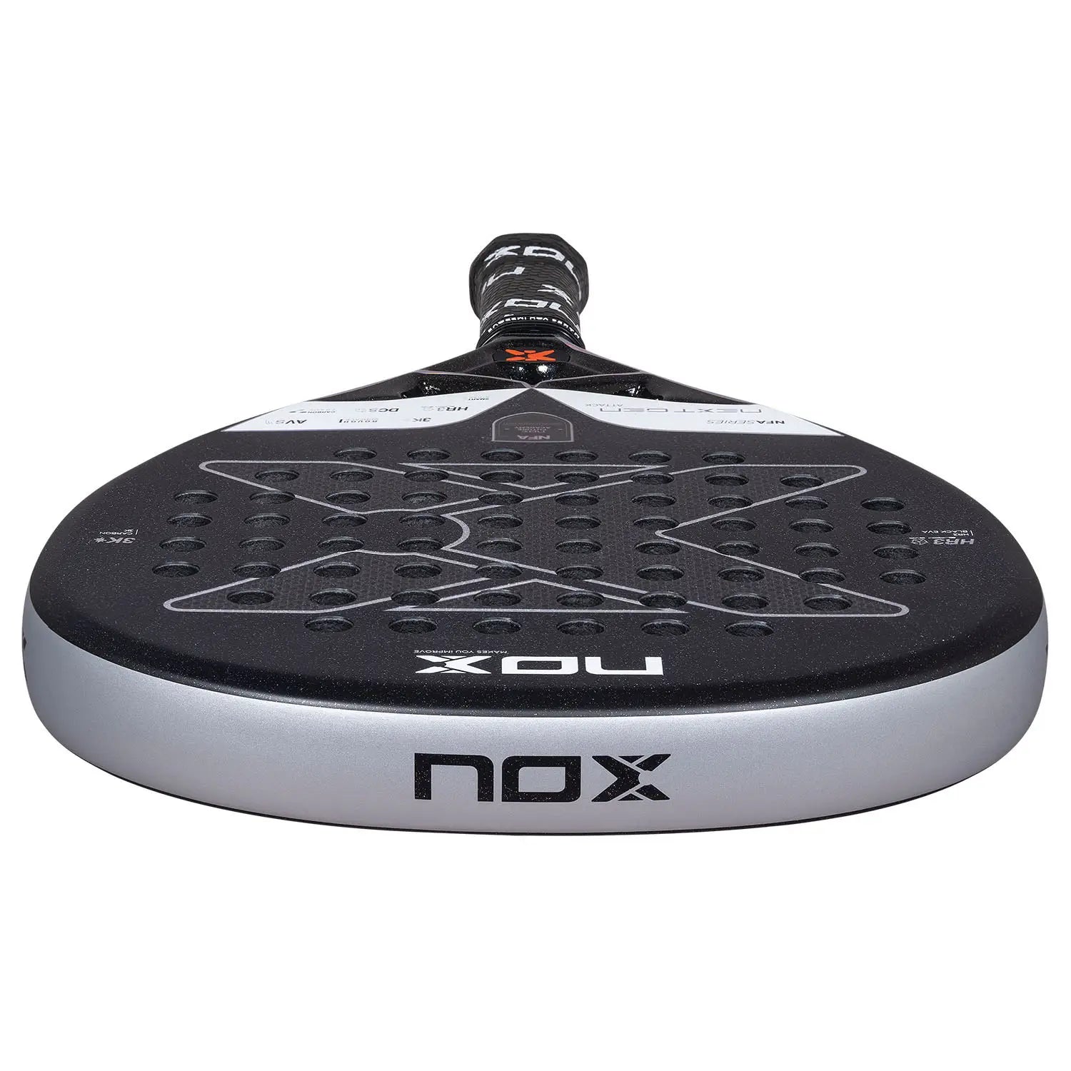 A black and white NOX padel racket on a white background.