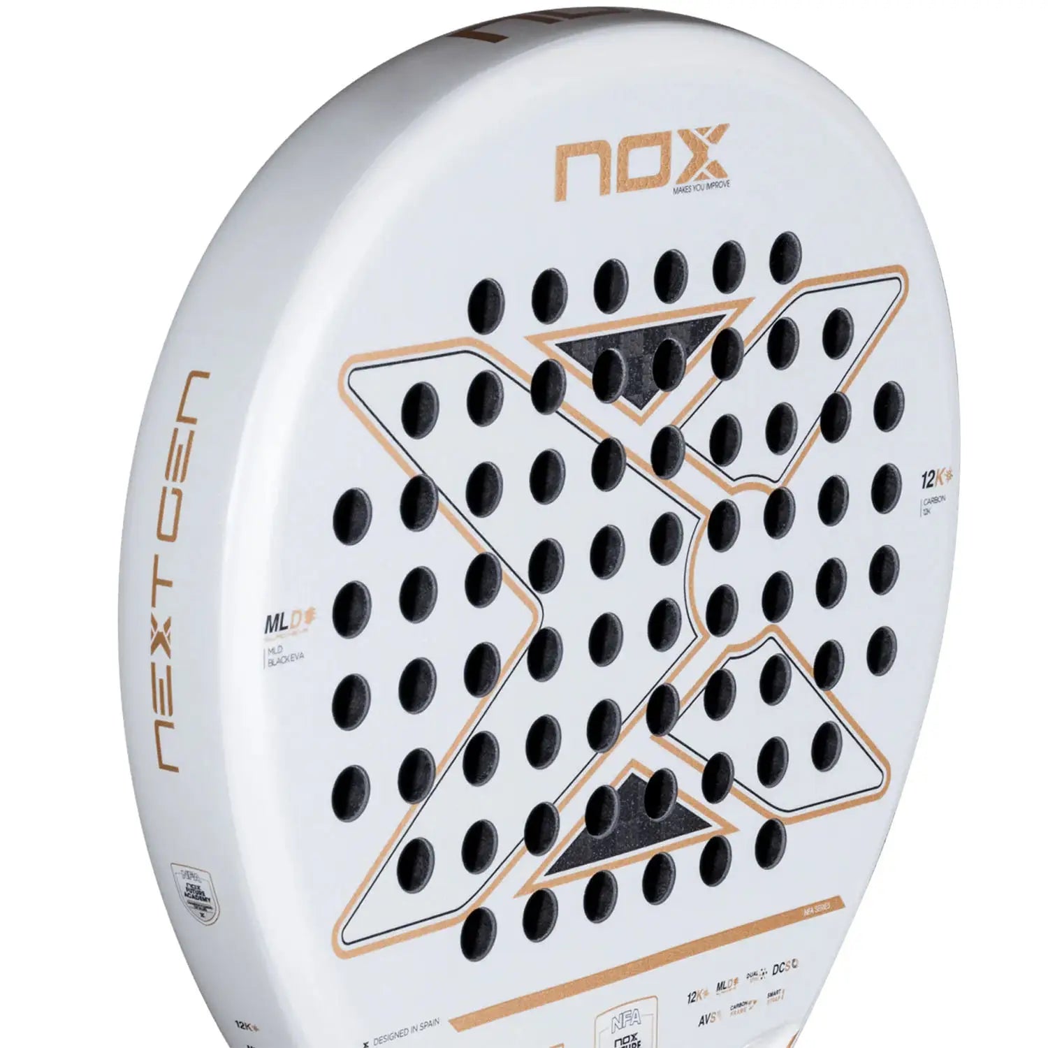 The face of a white 2026 Nox NextGen padel racket on a white background.