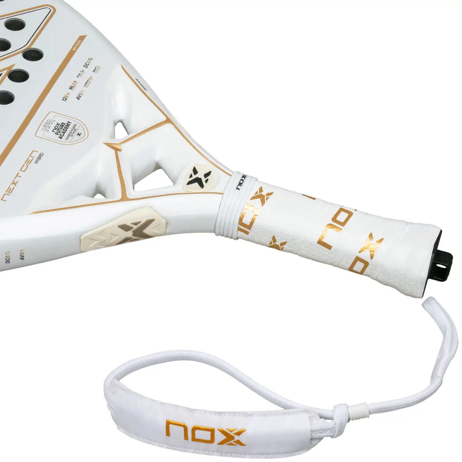 The handle of a white 2026 Nox NextGen padel racket on a white background.