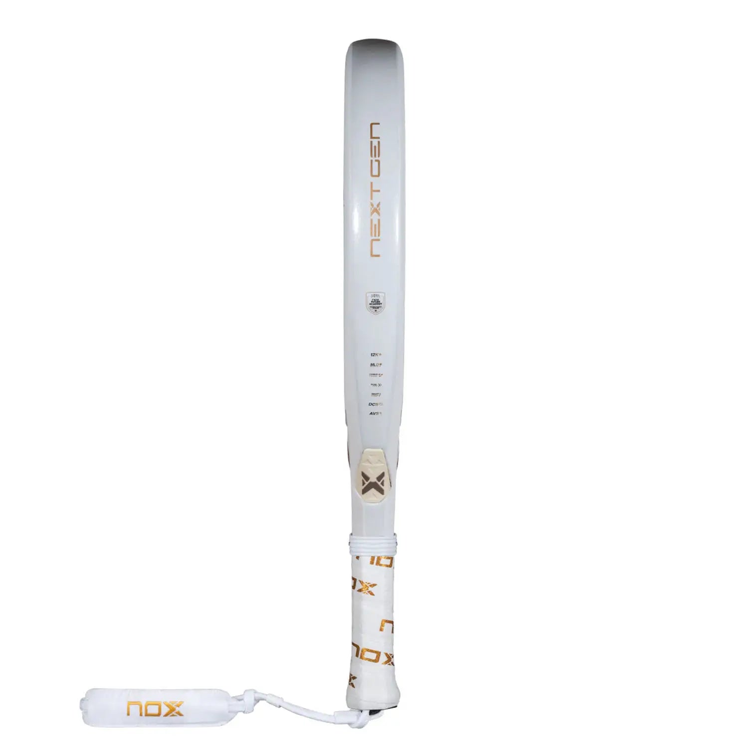 The side of a white 2026 Nox NextGen padel racket on a white background.