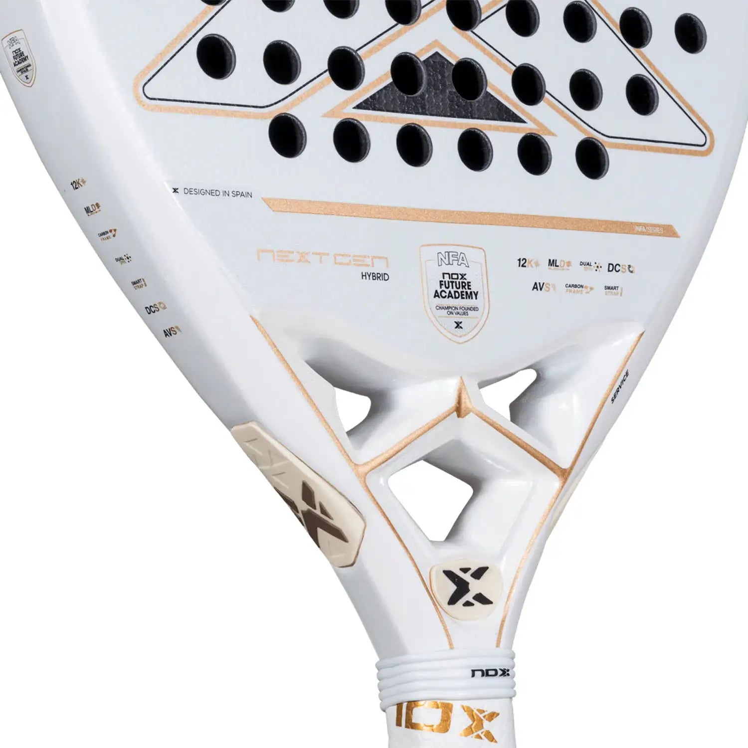 A close-up of a white 2026 Nox NextGen padel racket on a white background.